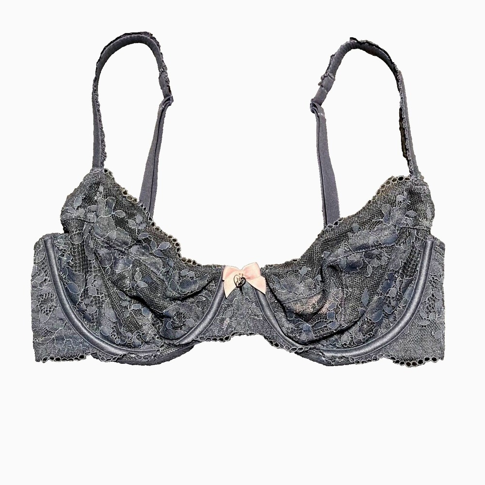 Body By Victoria Unlined Demi Bra 32D Sheer Lace Unpadded Push Up Underwire Gray